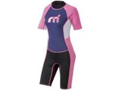 Damen Neoprenanzug, kurz, mit Reißverschluss am Rücken, schwarz/lila/pink