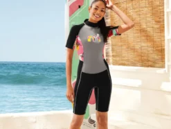 Damen Neopren-Shorty mit Reißverschluss am Rücken, grau/schwarz
