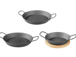 Ø 32 Eisen-Grillpfanne / Ø 28,5 Eisen-Grillpfanne mit perforiertem Boden / Ø 20 Eisen-Grillpfanne mit Servierbrett