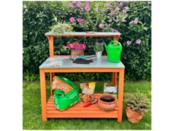 Gartentisch mit verzinkter Arbeitsfläche, Spalier und Ablageflächen