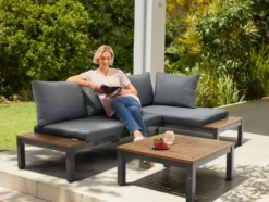 Loungeecke, 3-teilig, aus Alu und Holz, braun/grau